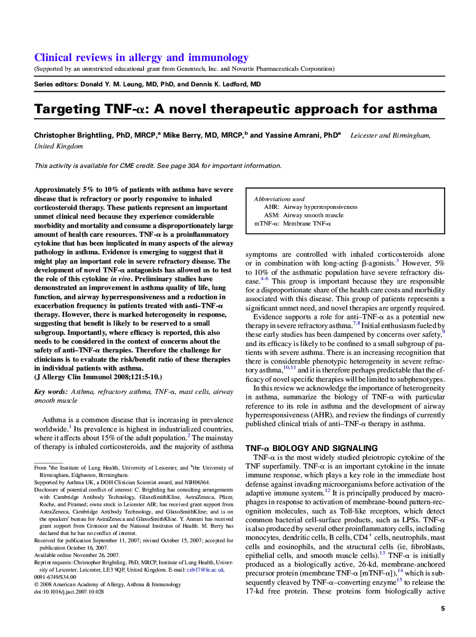 Targeting TNF-α: A novel therapeutic approach for asthma 