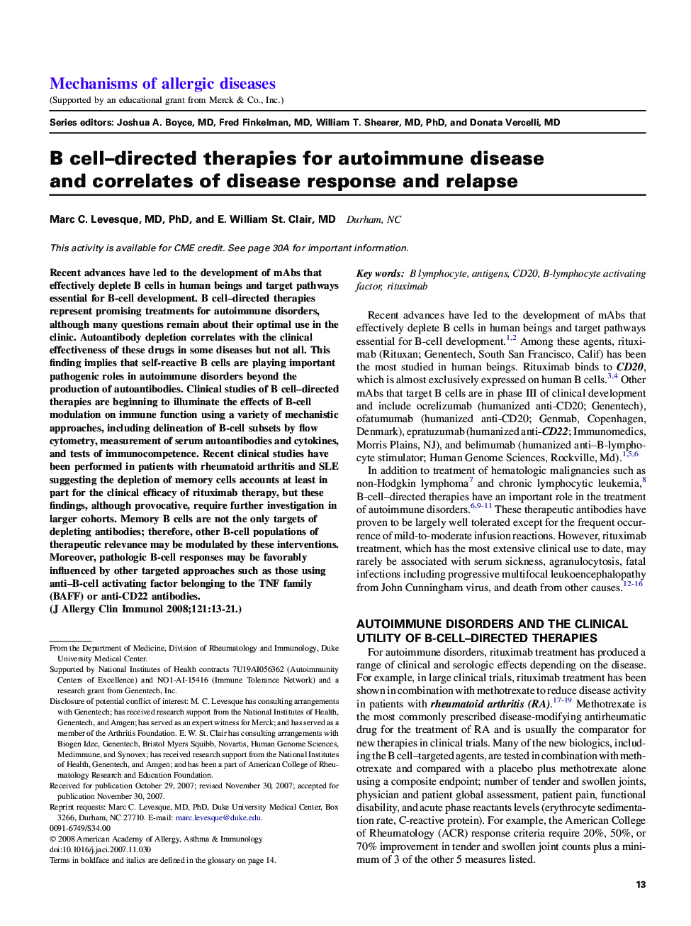 B cell–directed therapies for autoimmune disease and correlates of disease response and relapse 