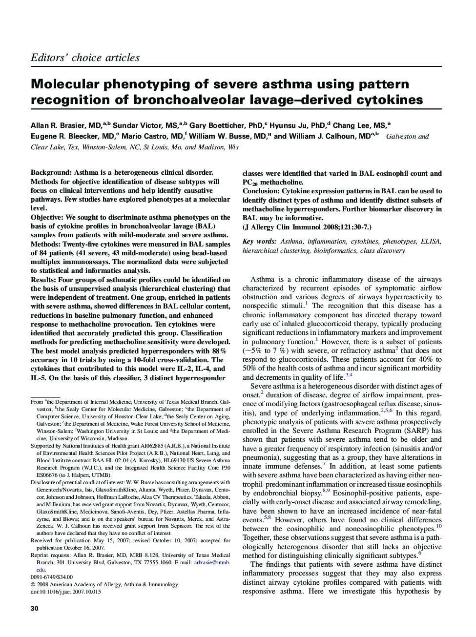 Molecular phenotyping of severe asthma using pattern recognition of bronchoalveolar lavage-derived cytokines