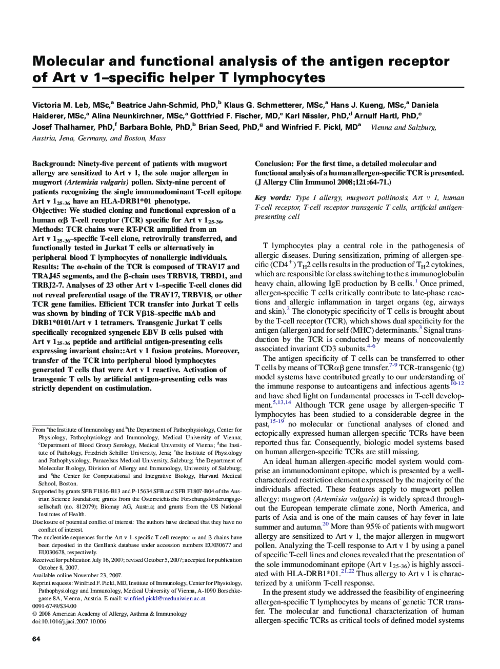 Molecular and functional analysis of the antigen receptor of Art v 1–specific helper T lymphocytes 