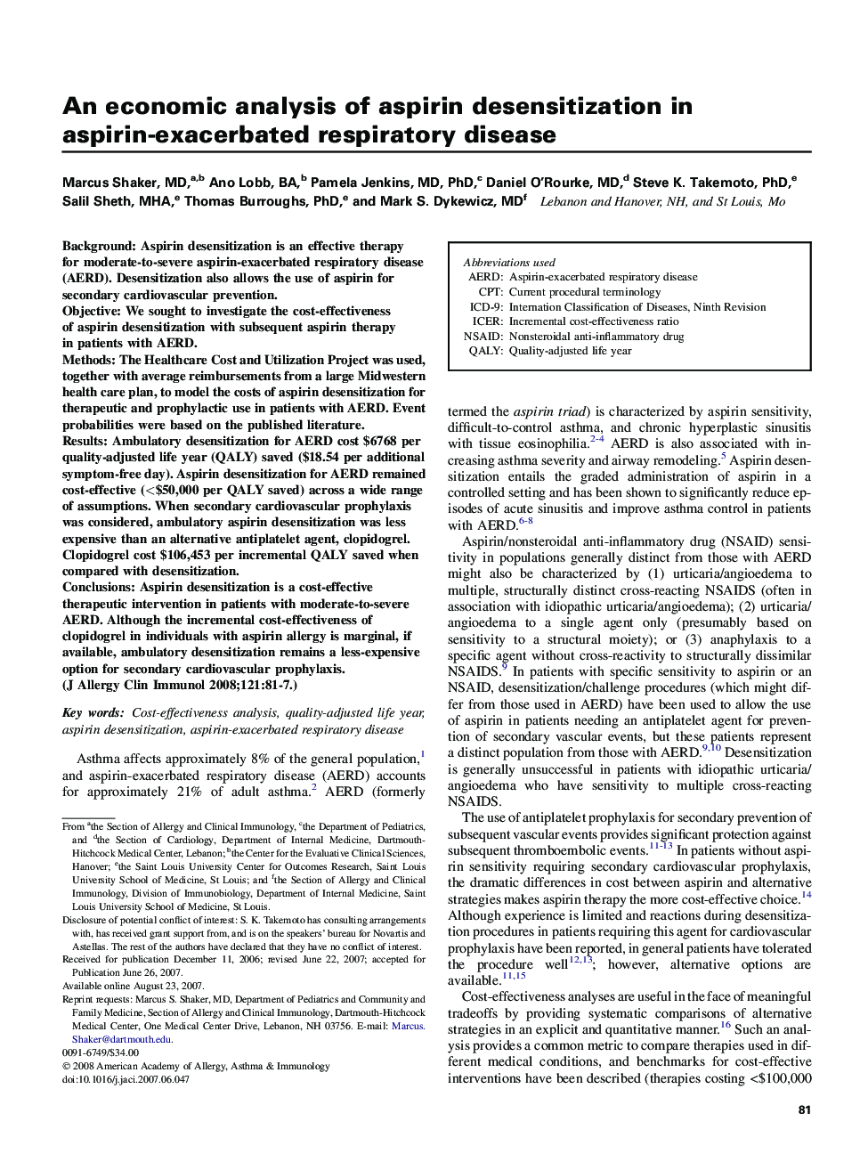 An economic analysis of aspirin desensitization in aspirin-exacerbated respiratory disease 