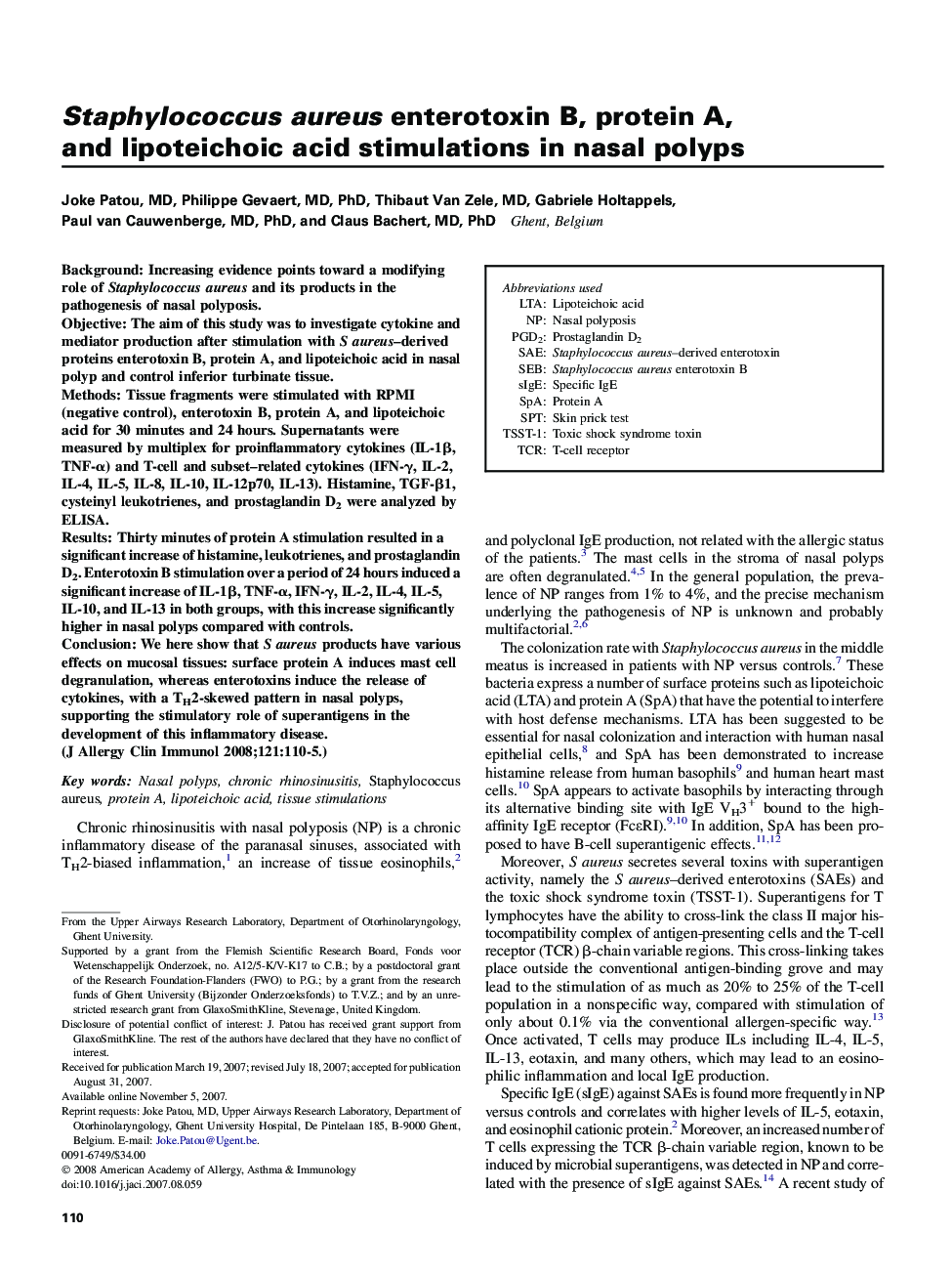 Staphylococcus aureus enterotoxin B, protein A, and lipoteichoic acid stimulations in nasal polyps 