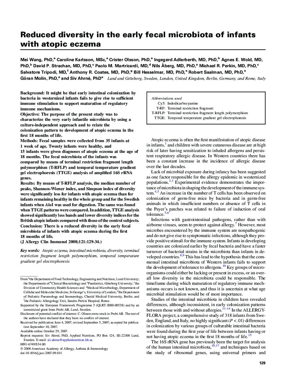 Reduced diversity in the early fecal microbiota of infants with atopic eczema 