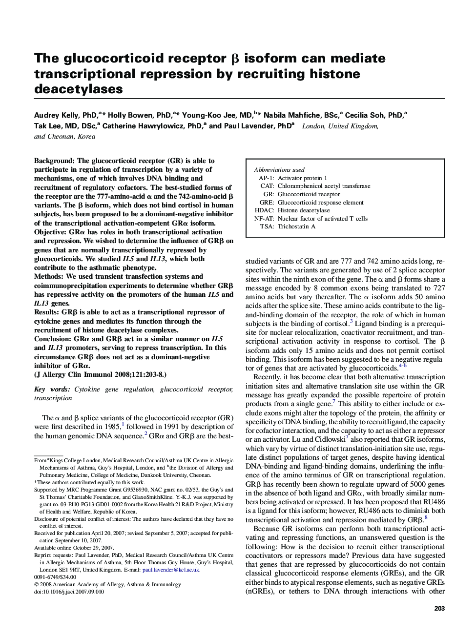 The glucocorticoid receptor Î² isoform can mediate transcriptional repression by recruiting histone deacetylases
