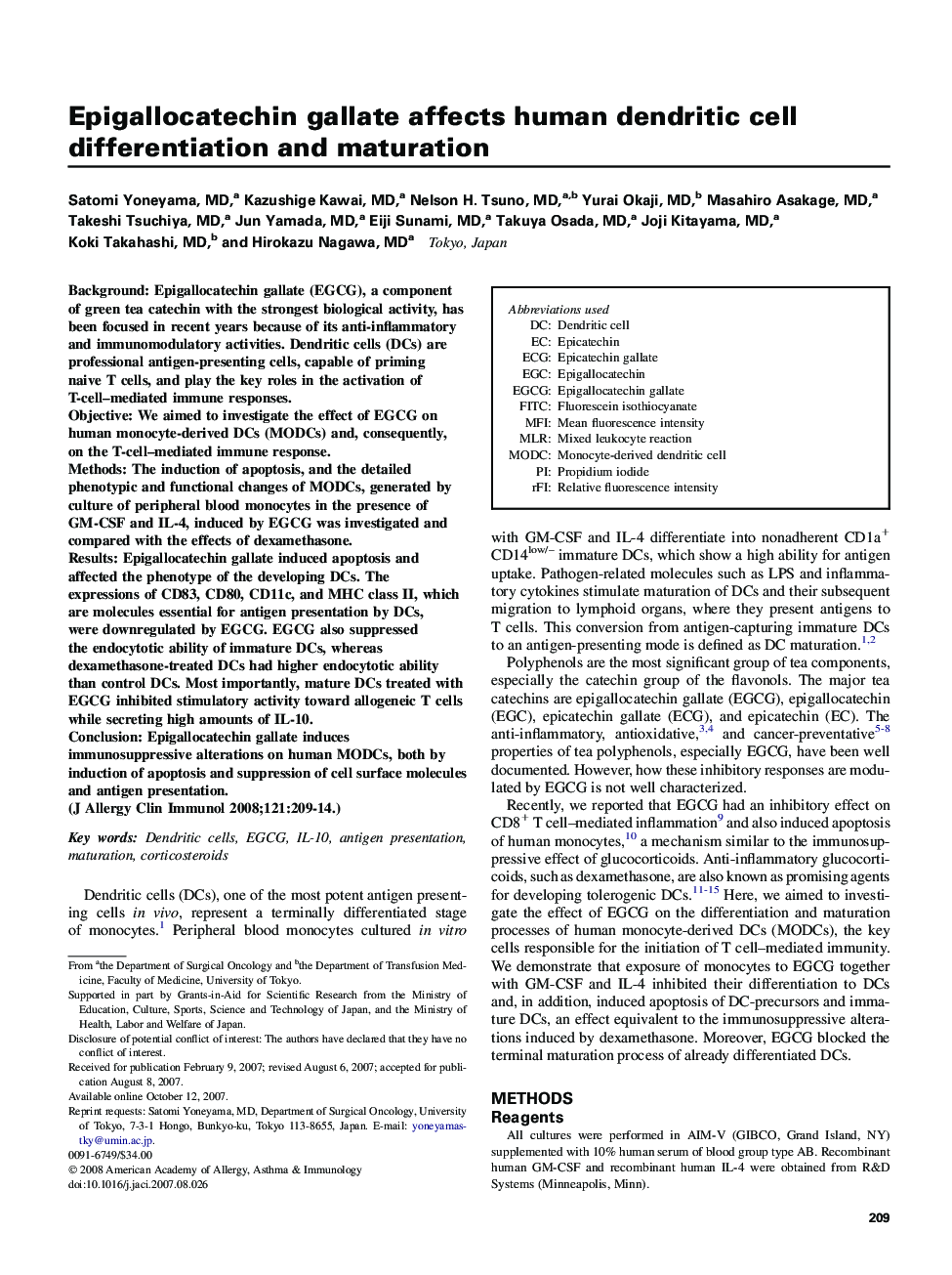 Epigallocatechin gallate affects human dendritic cell differentiation and maturation 