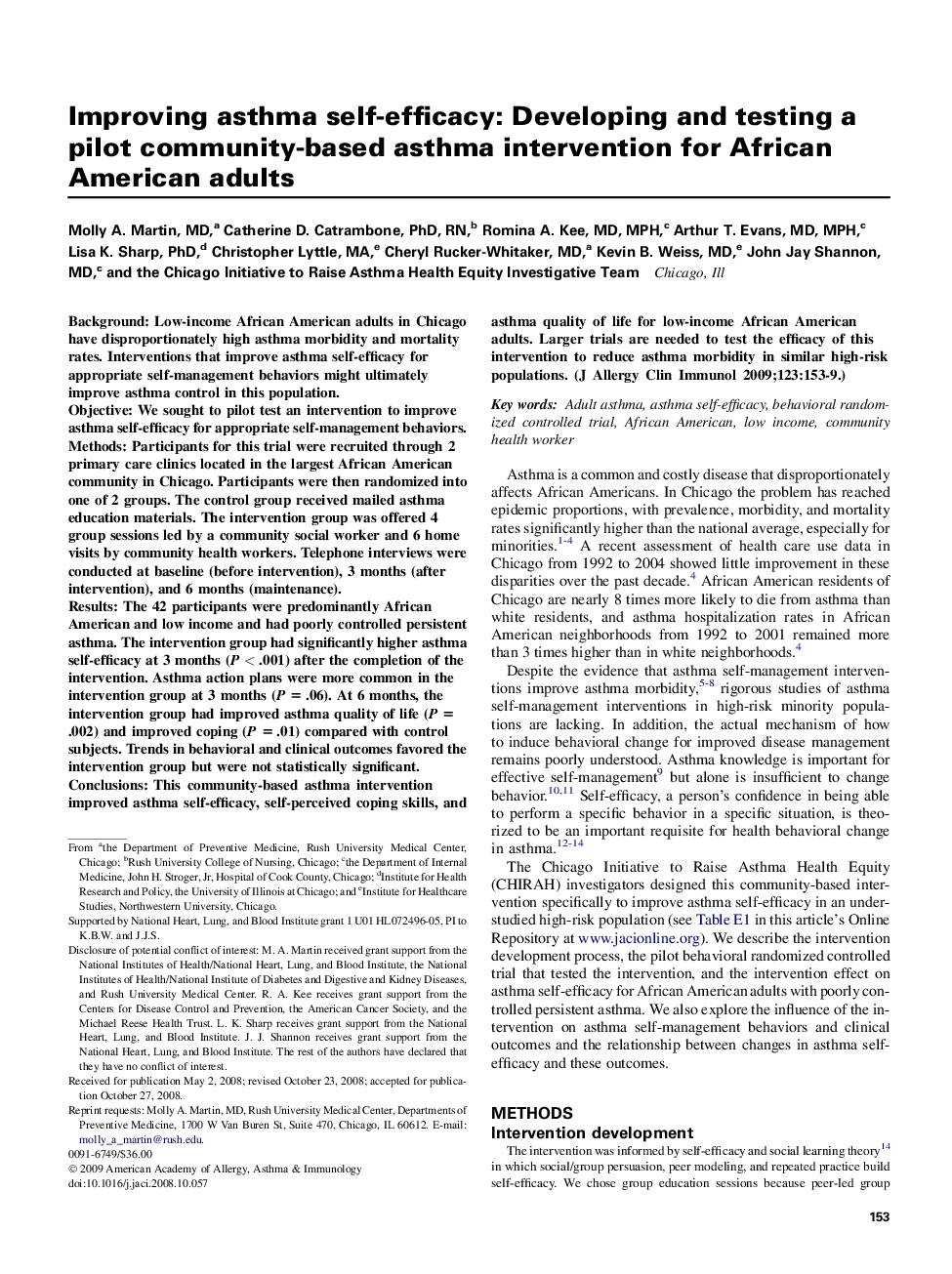 Improving asthma self-efficacy: Developing and testing a pilot community-based asthma intervention for African American adults