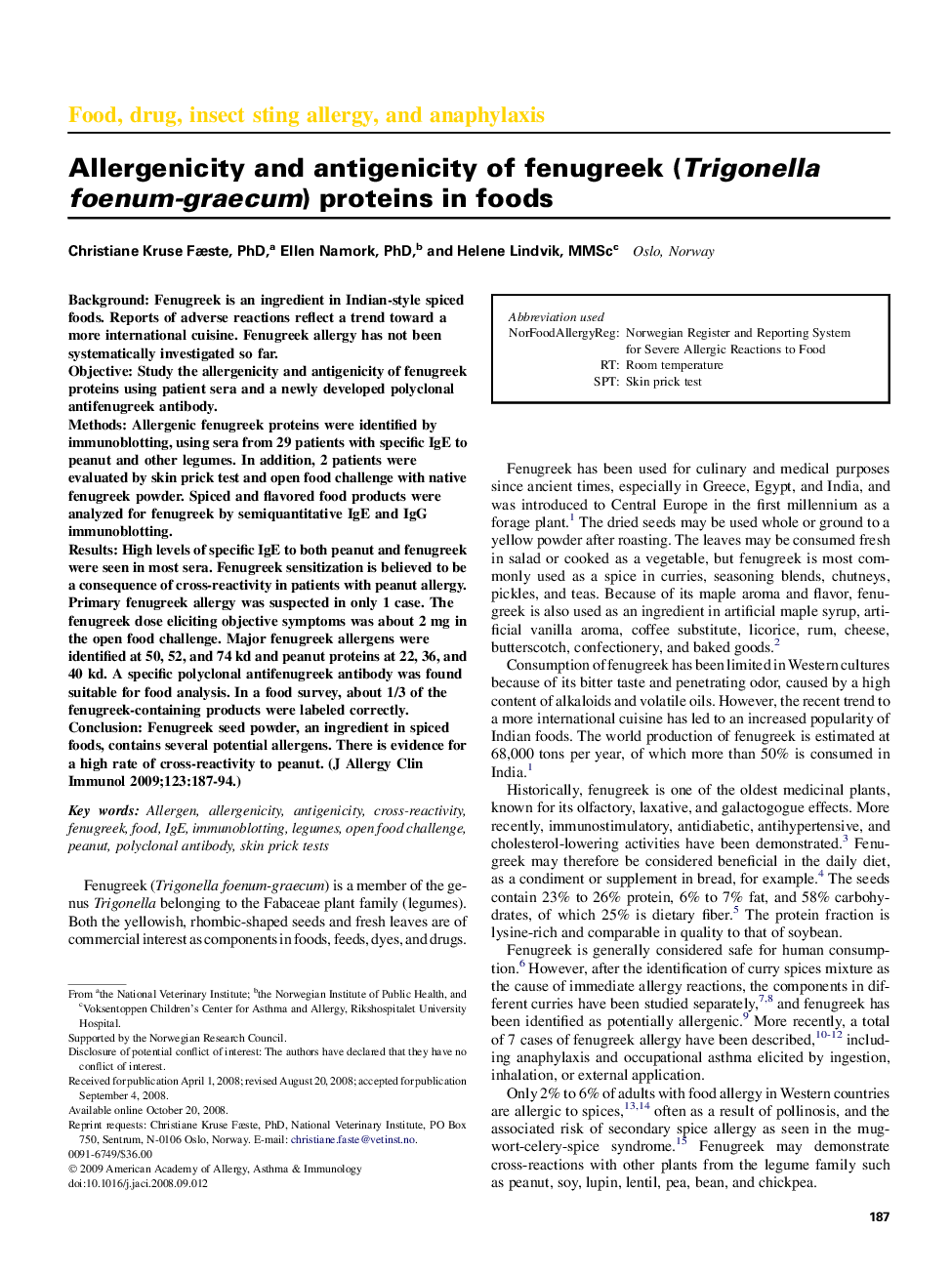 Allergenicity and antigenicity of fenugreek (Trigonella foenum-graecum) proteins in foods 