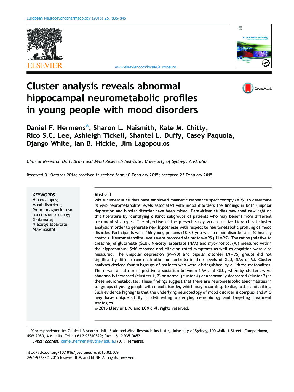 تجزیه و تحلیل خوشه ای نشان می دهد پروفیل های نوروماتوبولیک هیپوکامپ غیر طبیعی در جوانان مبتلا به اختلالات خلقی 
