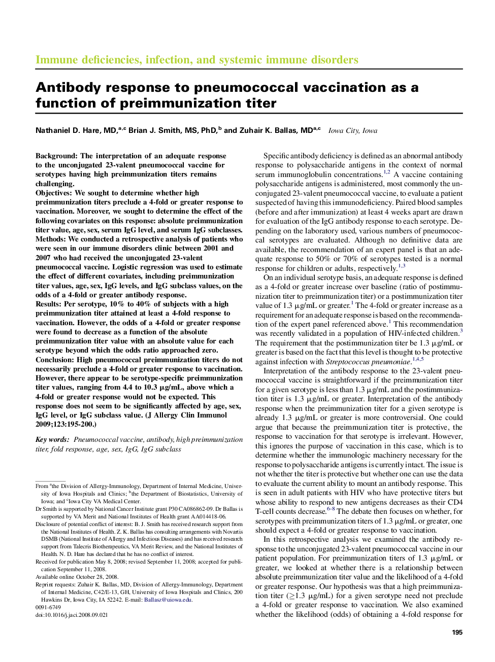 Antibody response to pneumococcal vaccination as a function of preimmunization titer 