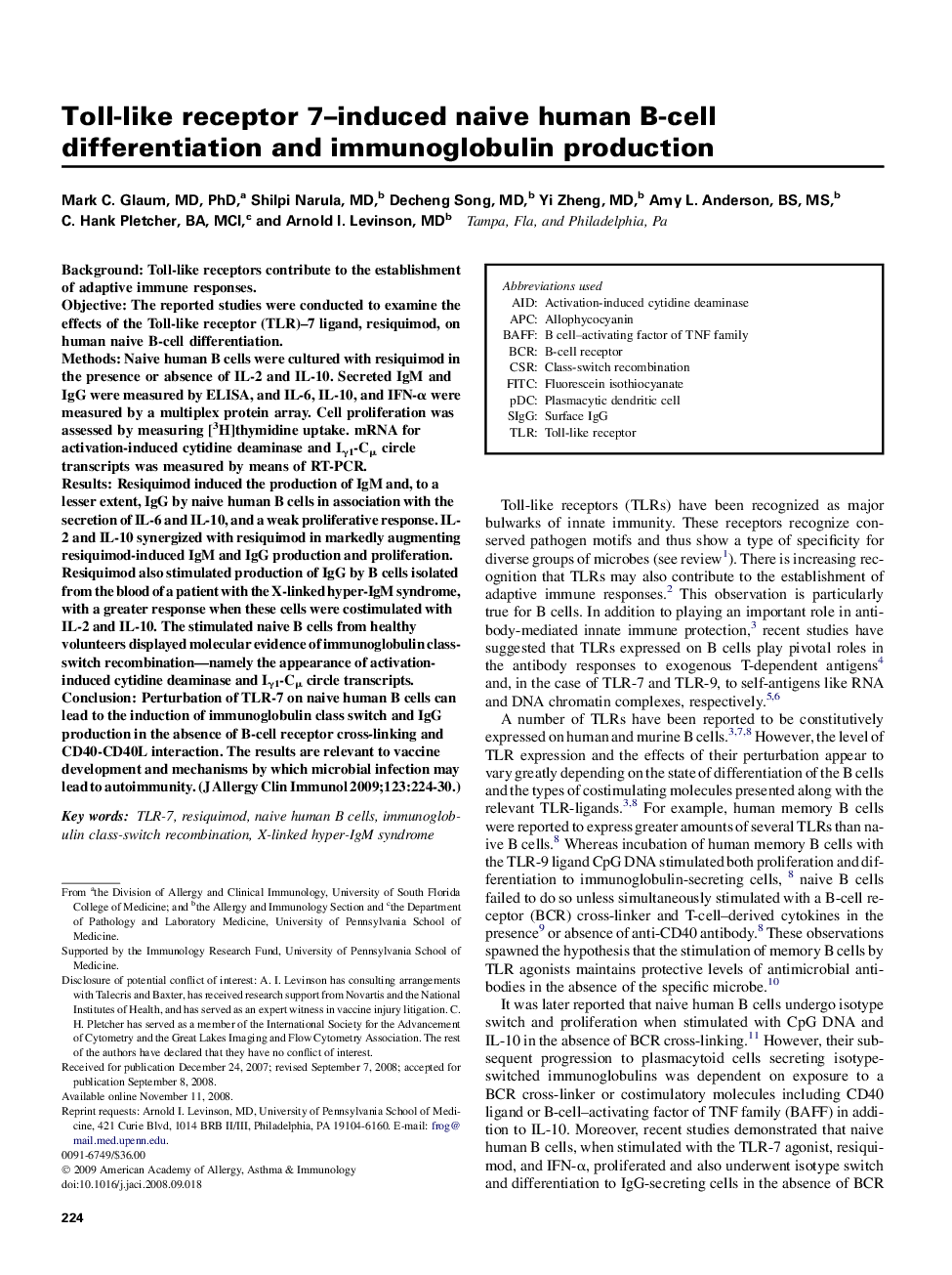 Toll-like receptor 7-induced naive human B-cell differentiation and immunoglobulin production