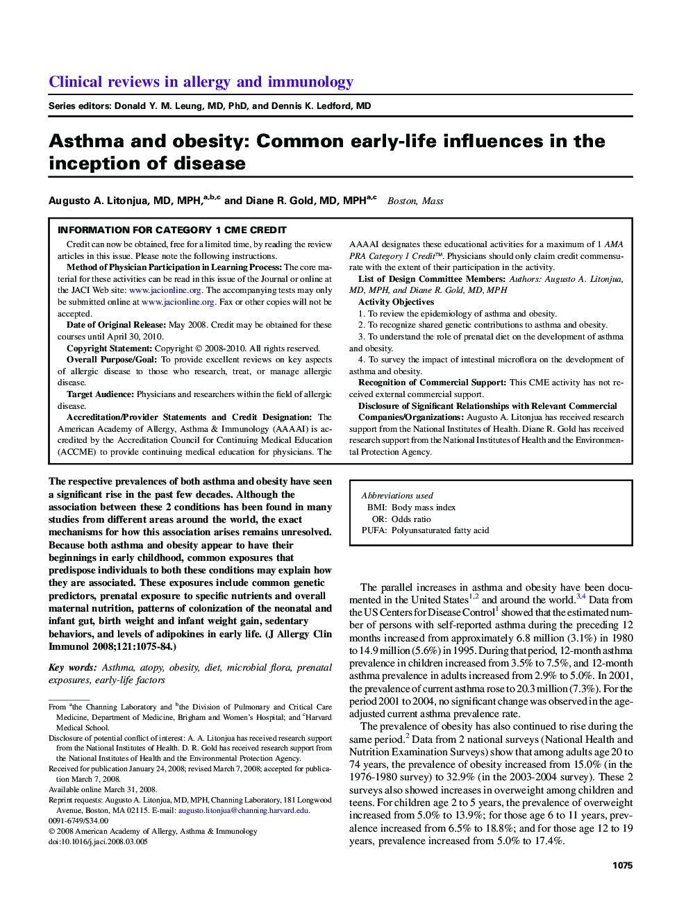 Asthma and obesity: Common early-life influences in the inception of disease 