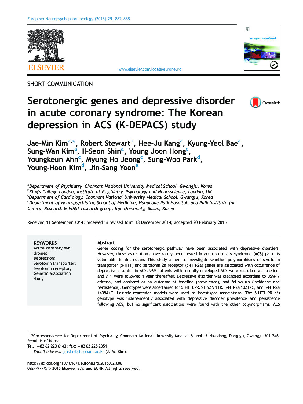 Serotonergic genes and depressive disorder in acute coronary syndrome: The Korean depression in ACS (K-DEPACS) study
