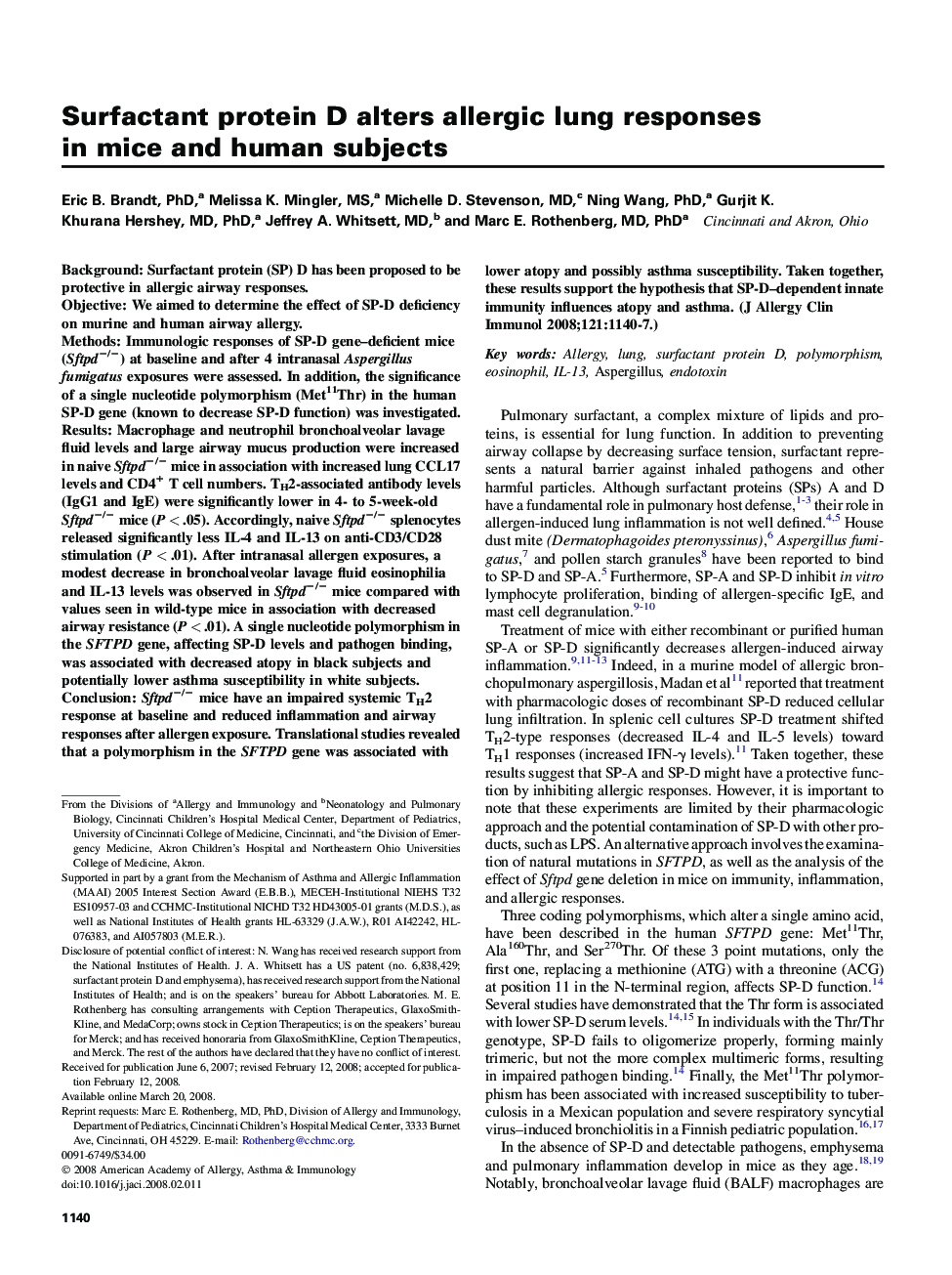 Surfactant protein D alters allergic lung responses in mice and human subjects