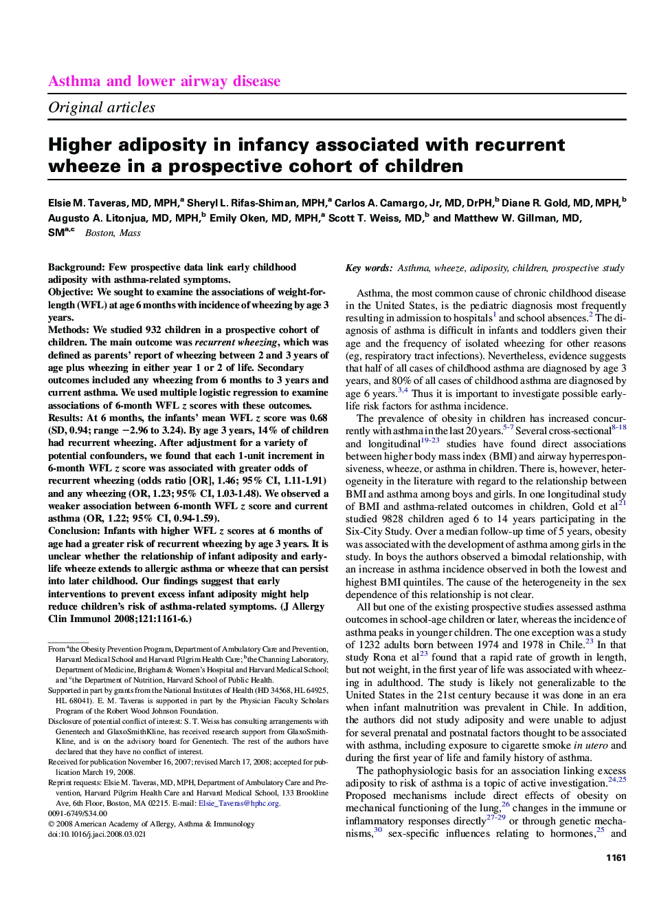 Higher adiposity in infancy associated with recurrent wheeze in a prospective cohort of children