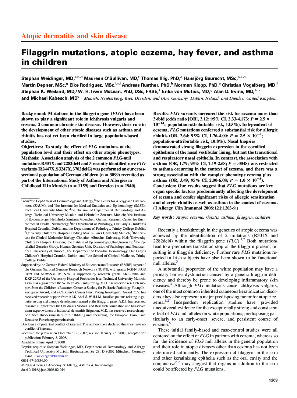 Filaggrin mutations, atopic eczema, hay fever, and asthma in children