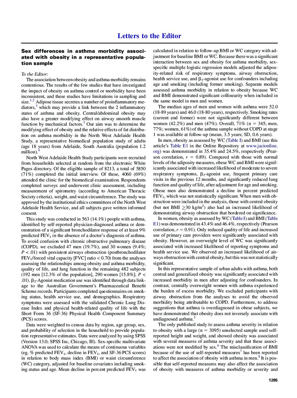 Sex differences in asthma morbidity associated with obesity in a representative population sample