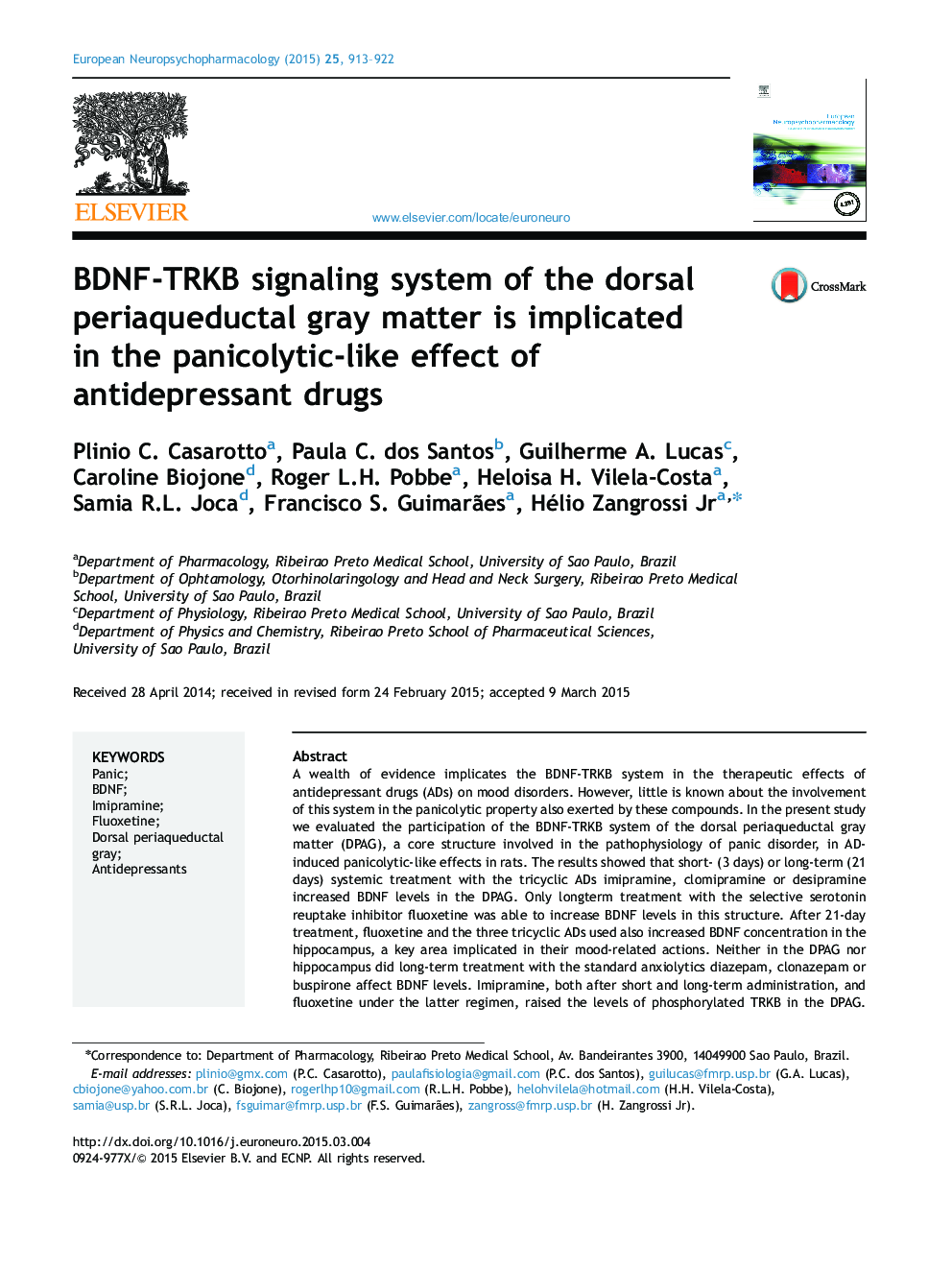 BDNF-TRKB signaling system of the dorsal periaqueductal gray matter is implicated in the panicolytic-like effect of antidepressant drugs