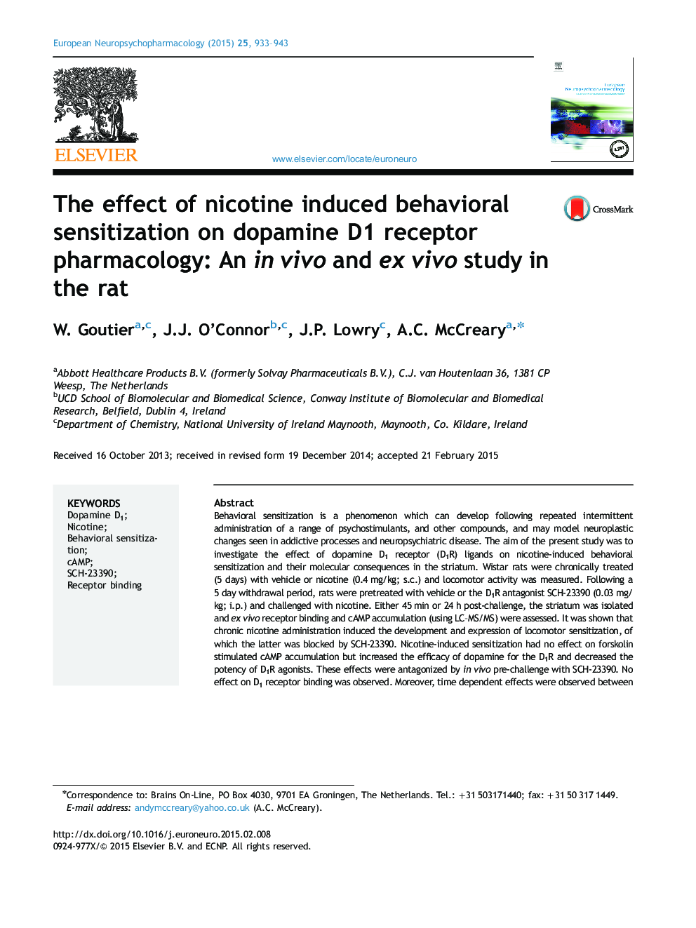 The effect of nicotine induced behavioral sensitization on dopamine D1 receptor pharmacology: An in vivo and ex vivo study in the rat