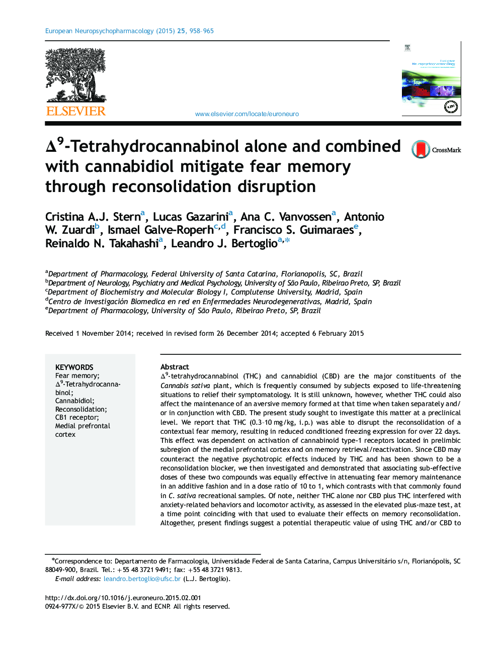 Δ9-Tetrahydrocannabinol alone and combined with cannabidiol mitigate fear memory through reconsolidation disruption