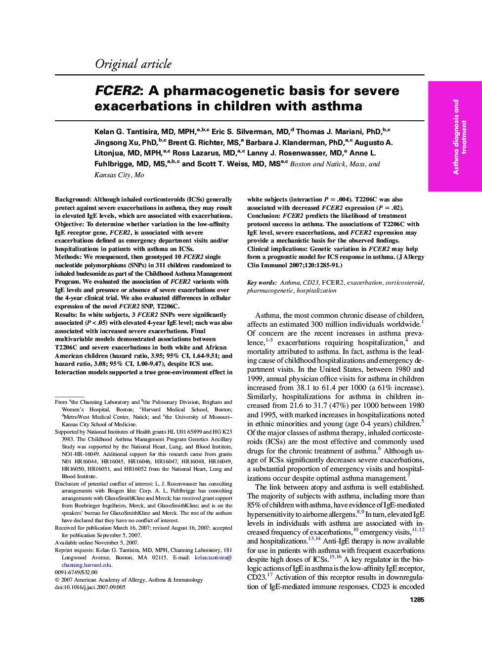 FCER2: A pharmacogenetic basis for severe exacerbations in children with asthma 