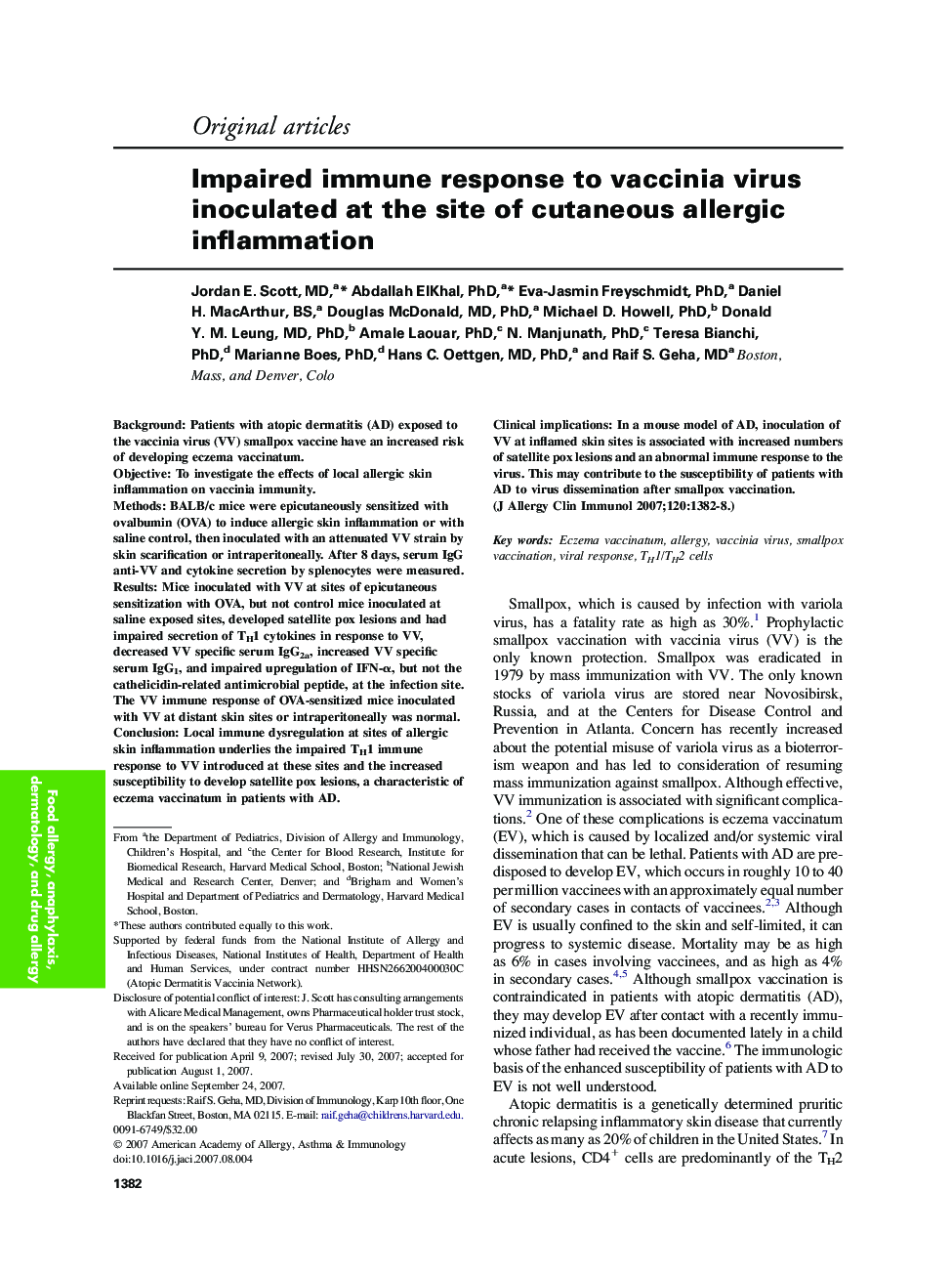 Impaired immune response to vaccinia virus inoculated at the site of cutaneous allergic inflammation 