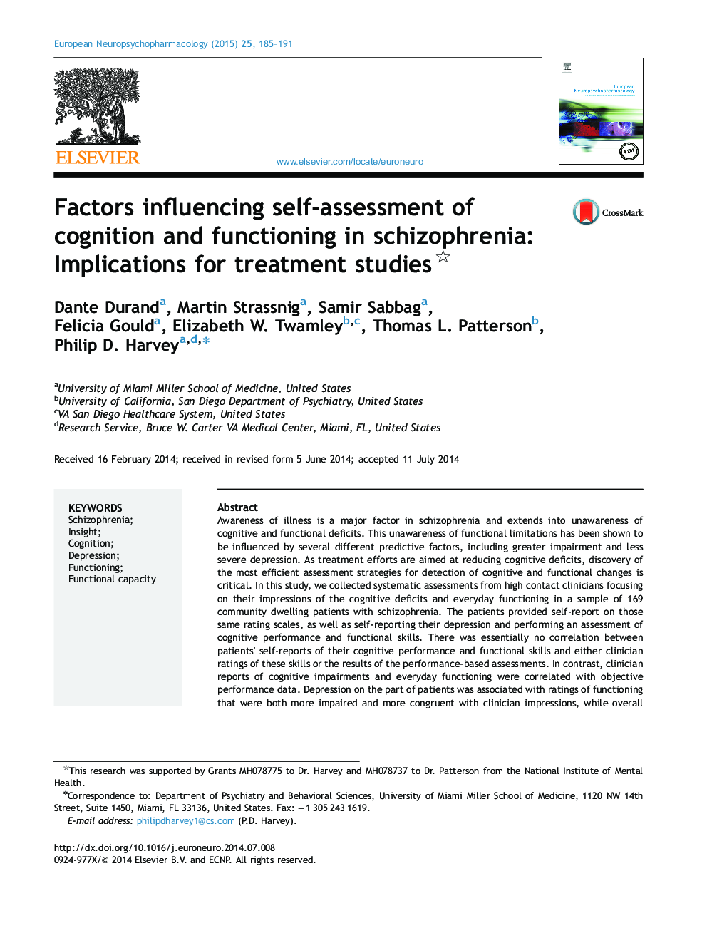 Factors influencing self-assessment of cognition and functioning in schizophrenia: Implications for treatment studies 