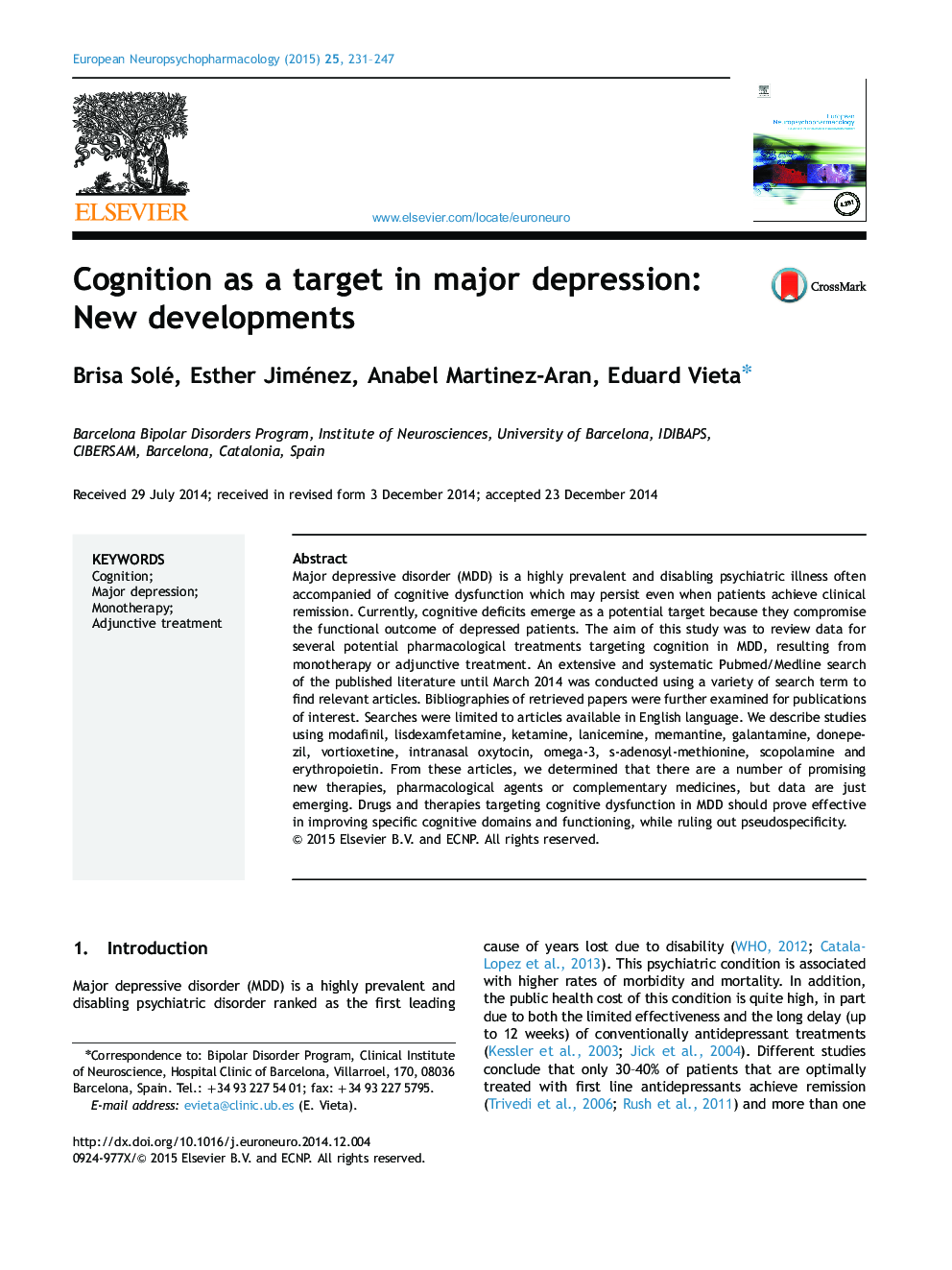 Cognition as a target in major depression: New developments