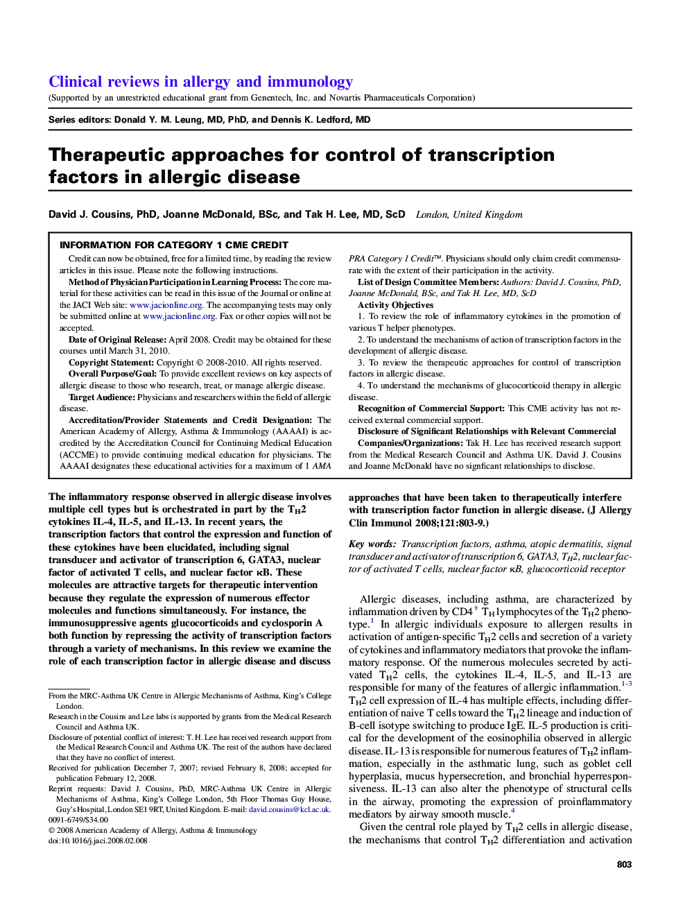 Therapeutic approaches for control of transcription factors in allergic disease 