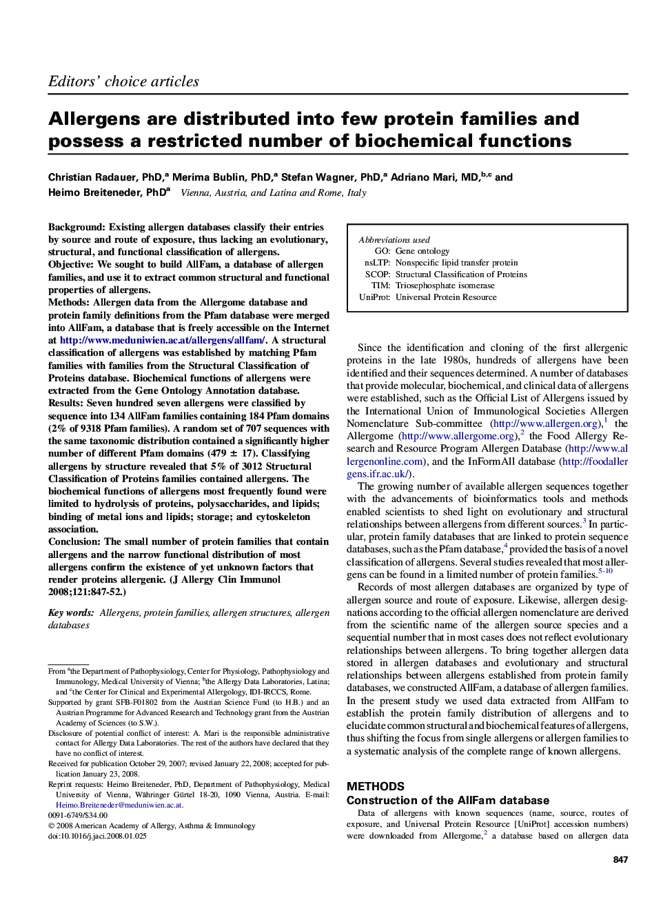 Allergens are distributed into few protein families and possess a restricted number of biochemical functions