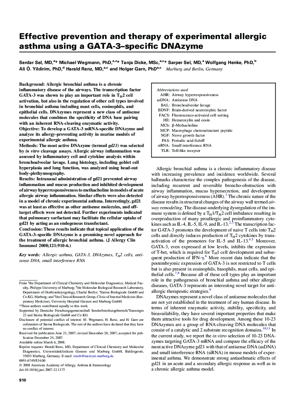 Effective prevention and therapy of experimental allergic asthma using a GATA-3-specific DNAzyme