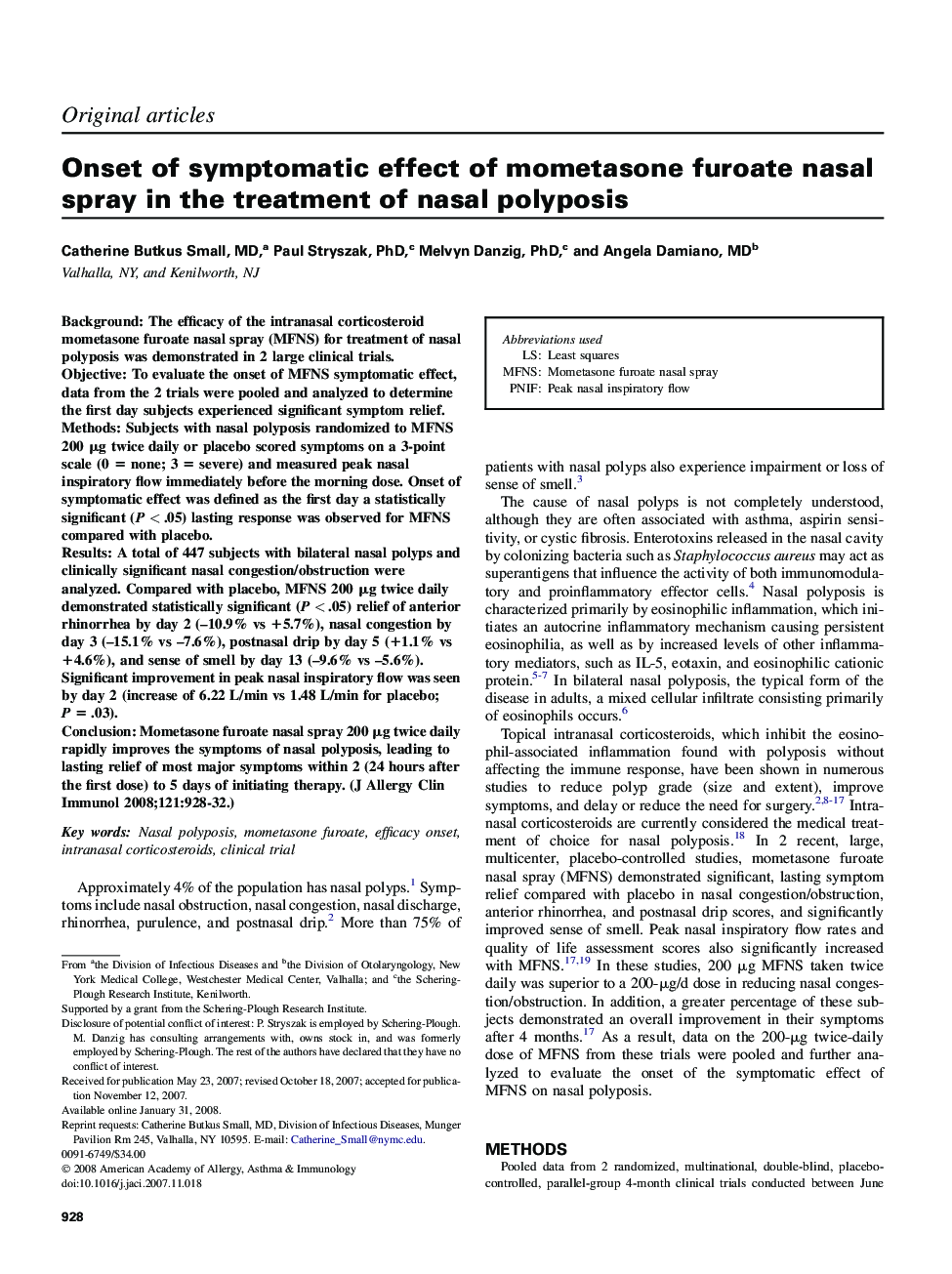 Onset of symptomatic effect of mometasone furoate nasal spray in the treatment of nasal polyposis 