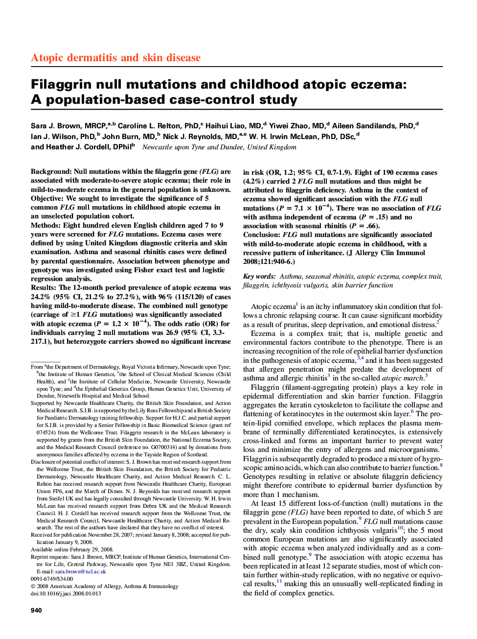 Filaggrin null mutations and childhood atopic eczema: A population-based case-control study