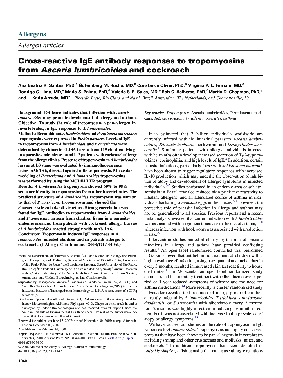 عکس صفحه اول مقاله: Cross-reactive IgE antibody responses to tropomyosins from Ascaris lumbricoides and cockroach Cross-reactive IgE antibody responses to tropomyosins from Ascaris lumbricoides and cockroach