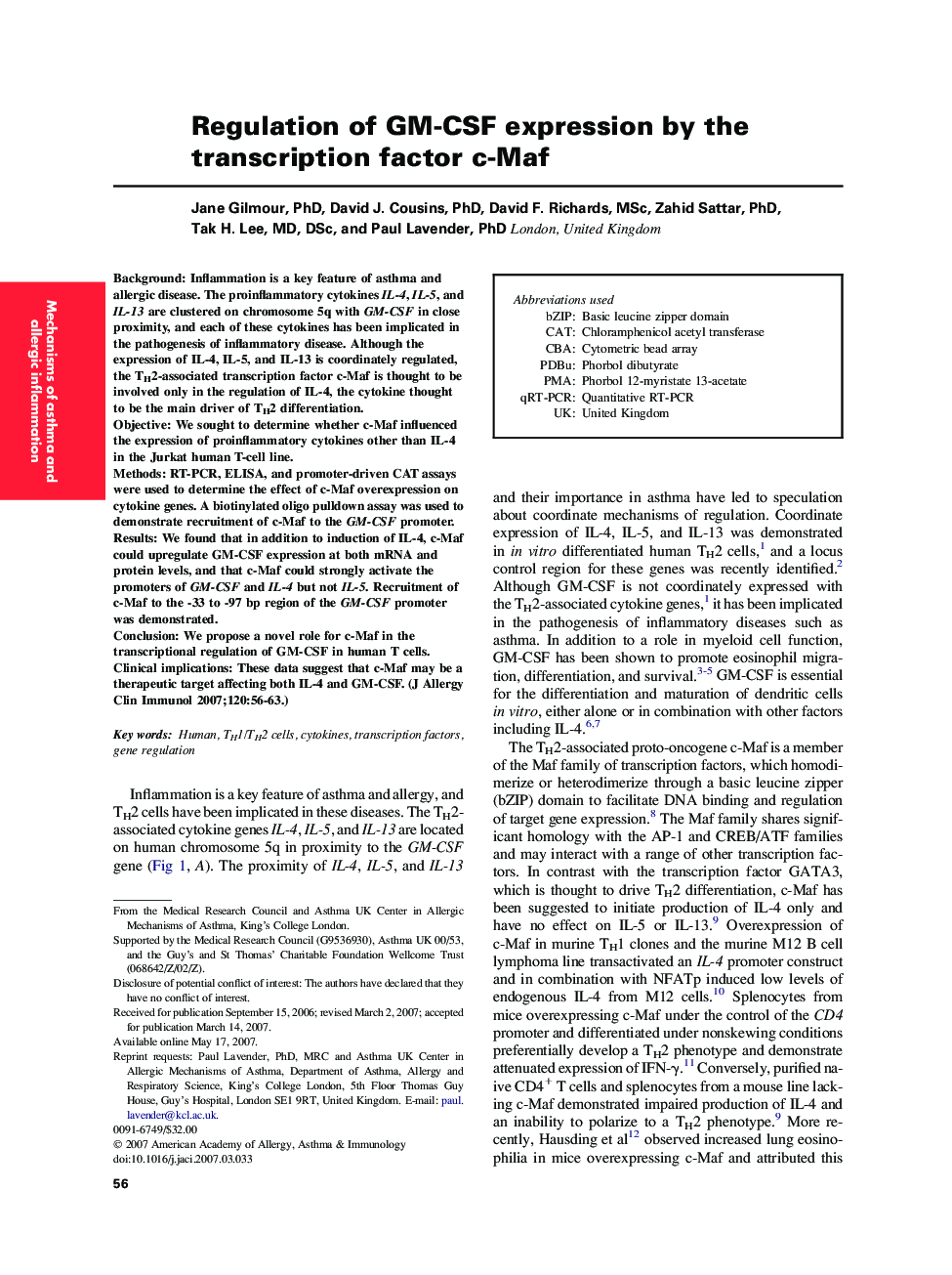 Regulation of GM-CSF expression by the transcription factor c-Maf 