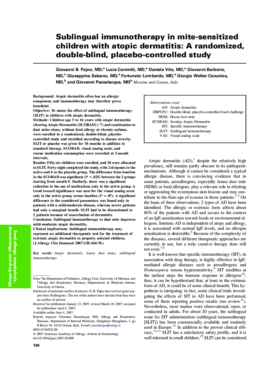 Sublingual immunotherapy in mite-sensitized children with atopic dermatitis: A randomized, double-blind, placebo-controlled study 