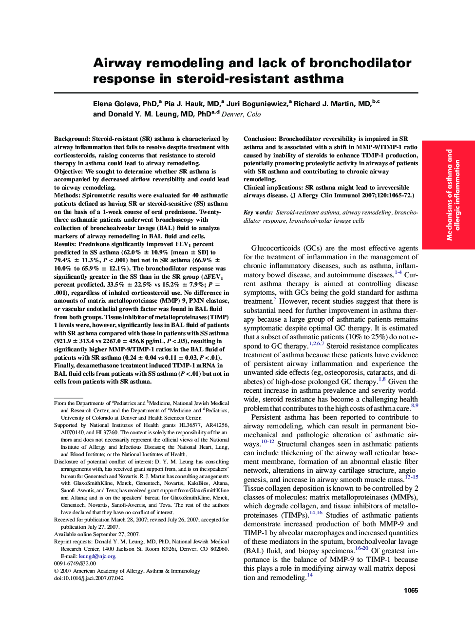 Airway remodeling and lack of bronchodilator response in steroid-resistant asthma 