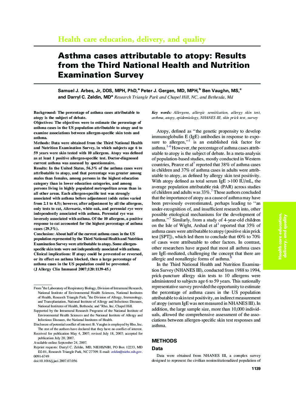 Asthma cases attributable to atopy: Results from the Third National Health and Nutrition Examination Survey 