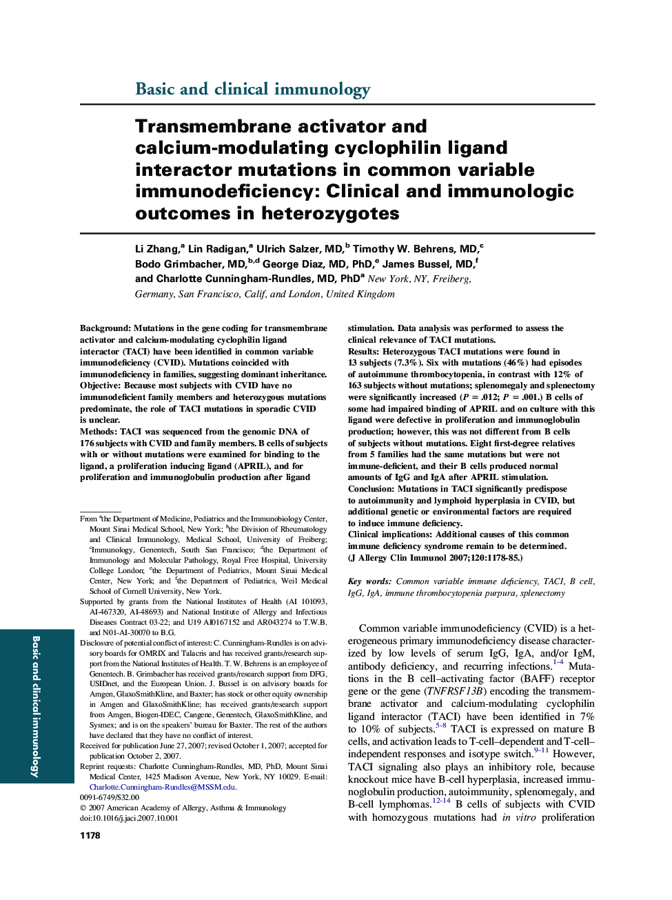 Transmembrane activator and calcium-modulating cyclophilin ligand interactor mutations in common variable immunodeficiency: Clinical and immunologic outcomes in heterozygotes 