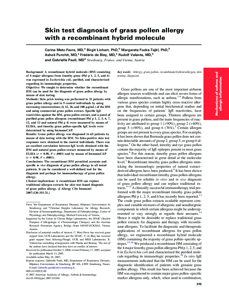 Skin test diagnosis of grass pollen allergy with a recombinant hybrid molecule 