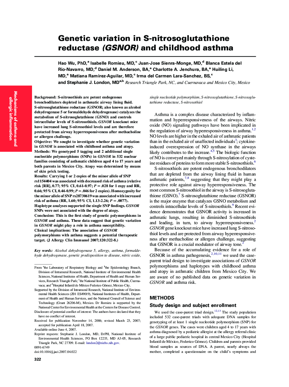 Genetic variation in S-nitrosoglutathione reductase (GSNOR) and childhood asthma 