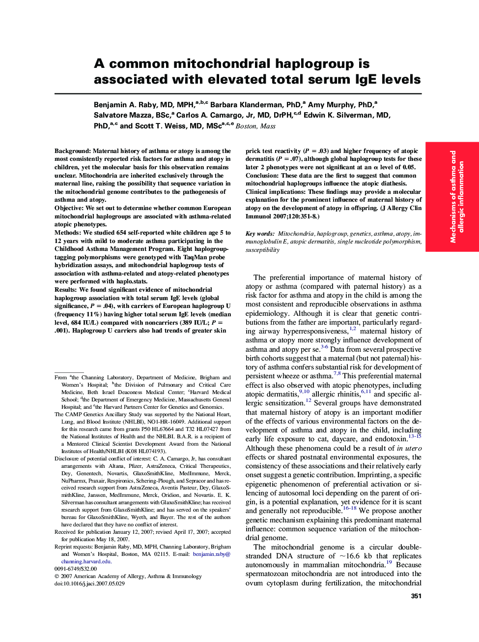 A common mitochondrial haplogroup is associated with elevated total serum IgE levels 