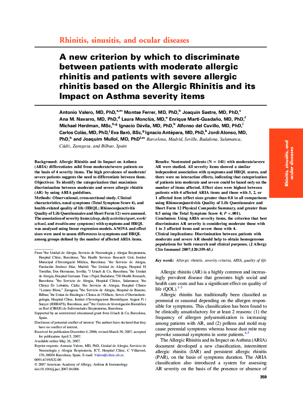 A new criterion by which to discriminate between patients with moderate allergic rhinitis and patients with severe allergic rhinitis based on the Allergic Rhinitis and its Impact on Asthma severity items 