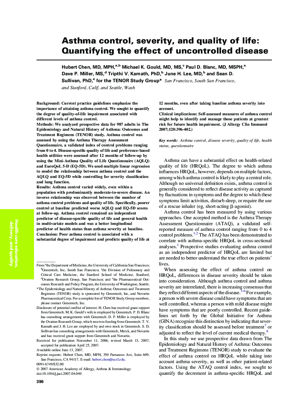 Asthma control, severity, and quality of life: Quantifying the effect of uncontrolled disease 