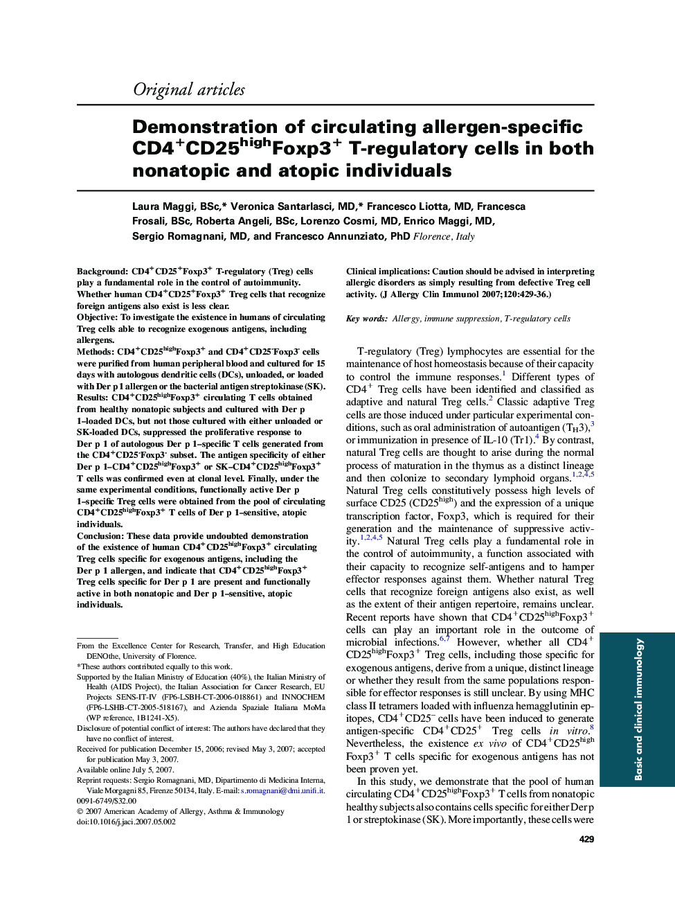 Demonstration of circulating allergen-specific CD4+CD25highFoxp3+ T-regulatory cells in both nonatopic and atopic individuals