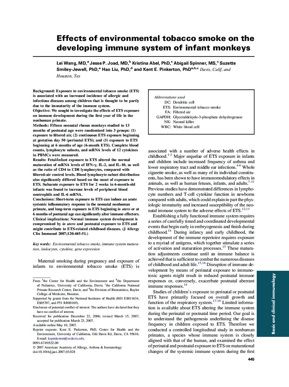 Effects of environmental tobacco smoke on the developing immune system of infant monkeys 