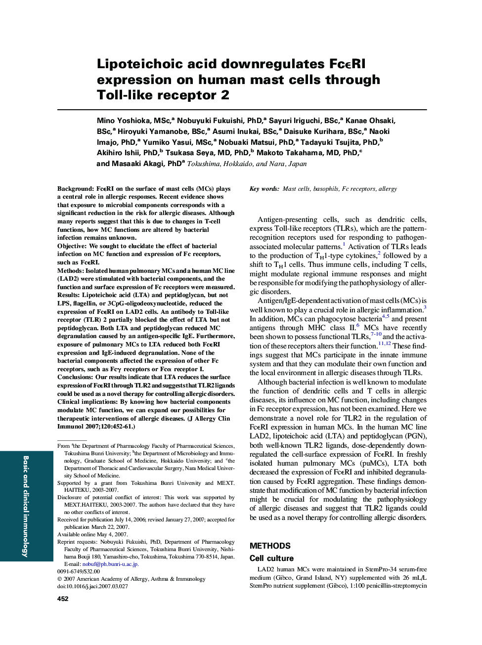 Lipoteichoic acid downregulates FcÎµRI expression on human mast cells through Toll-like receptor 2