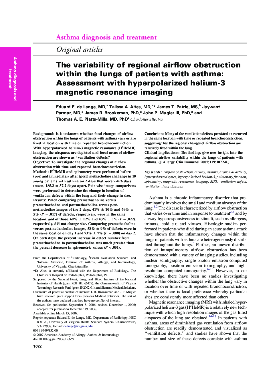 The variability of regional airflow obstruction within the lungs of patients with asthma: Assessment with hyperpolarized helium-3 magnetic resonance imaging 