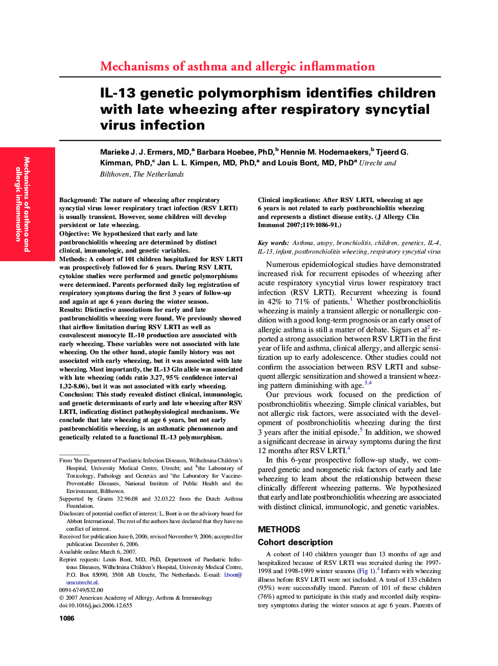 IL-13 genetic polymorphism identifies children with late wheezing after respiratory syncytial virus infection 