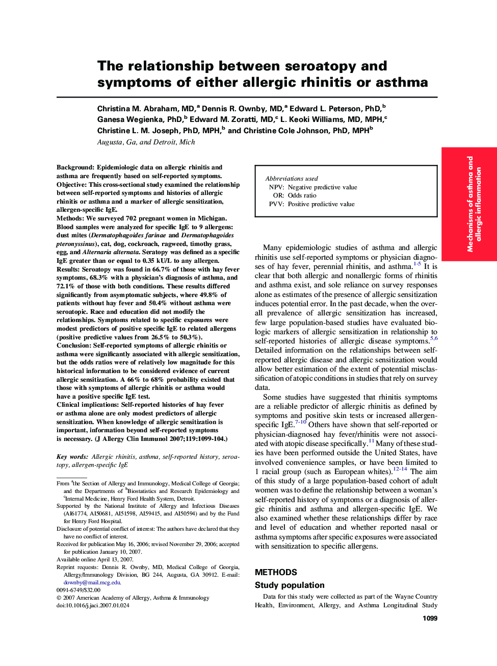 The relationship between seroatopy and symptoms of either allergic rhinitis or asthma