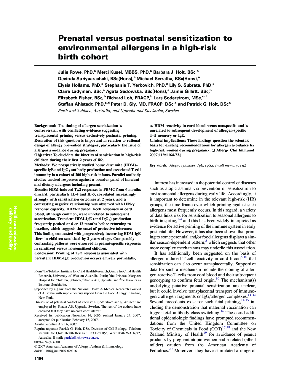 Prenatal versus postnatal sensitization to environmental allergens in a high-risk birth cohort 